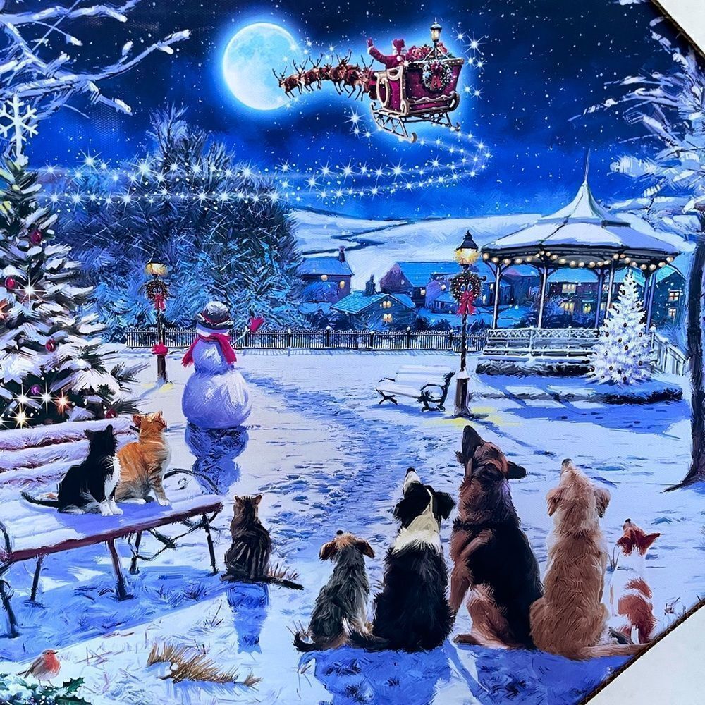 Christmas Dogs Winter Night Santa Sleigh Canvas Wall Art Painting